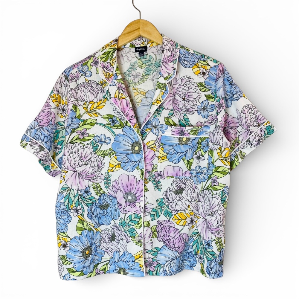 GAP Linen Blend Pajamas set shorts and Short Sleeve top in multi floral Size LT - Picture 3 of 10